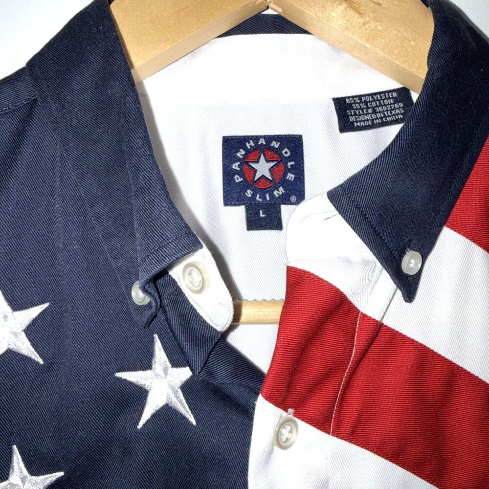 Panhandle Slim American Flag Shirt Embroidered Stars Patriotic USA Men L Heavy - Picture 4 of 8